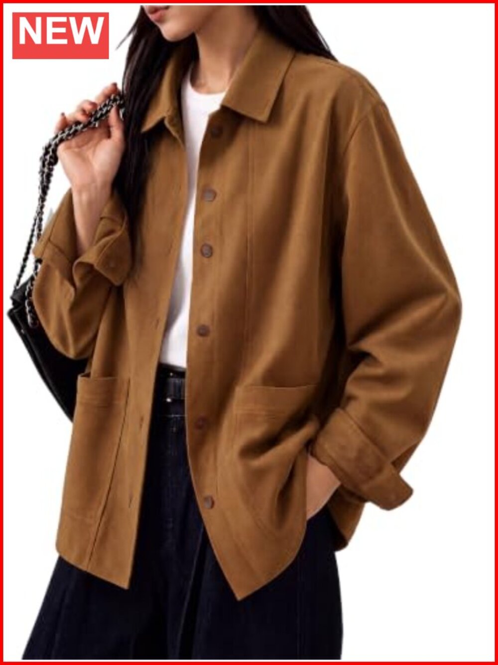 Faux Suede Lapel Collar Button Utility Pocket Casual Jacket